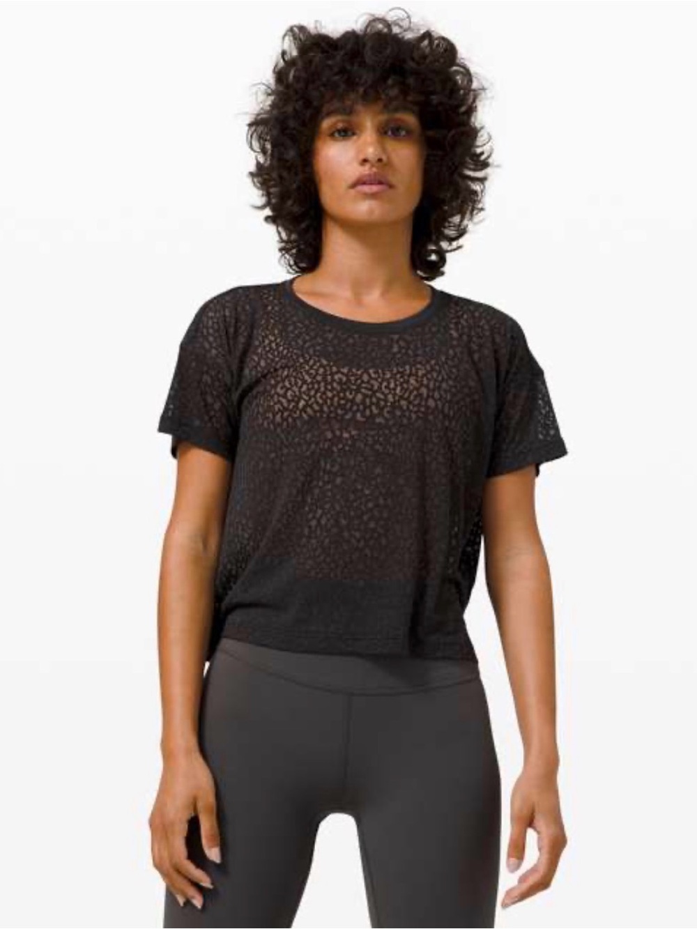 Lululemon Cates Tee TShirt Black Mesh Veil Sheer Cropped Top Sz M